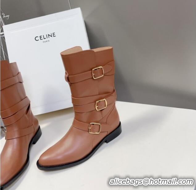 Elegant Celine Lyra Ankle Buckles Boots in Calfskin Light Brown 1016062