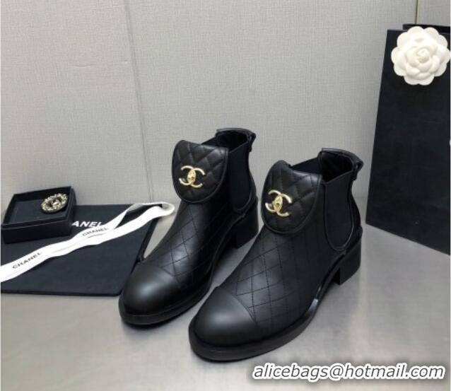 Buy Discount Chanel Quilted Calfskin Ankle Boots with CC Foldover Black 809076