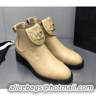 Luxurious Chanel Quilted Calfskin Ankle Boots with CC Foldover Beige 809077