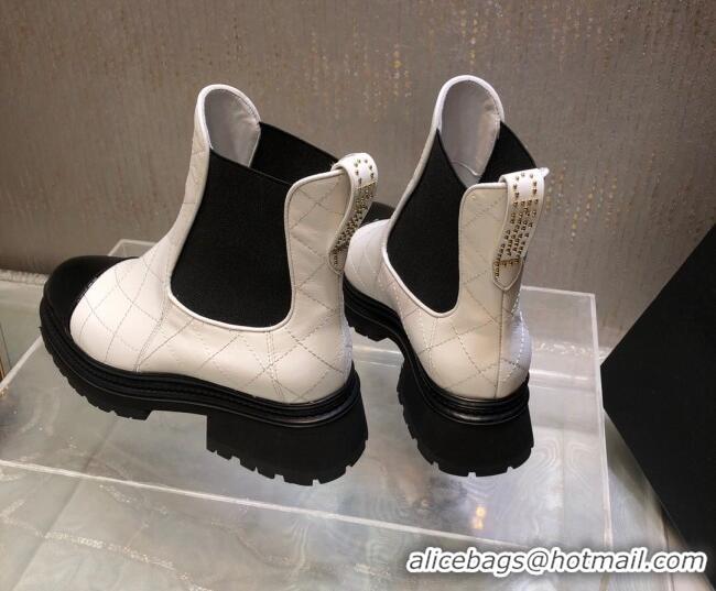 Good Looking Chanel Quilted & Patent Calfskin Ankle Boots G45087 White 809079