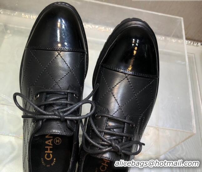 Top Grade Chanel Quilted Patent Calfskin Lace-up Shoes G45075 Black 809083