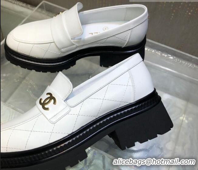 Expensive Chanel Quilted Calfskin Moccasins Loafers G45074 White 809085