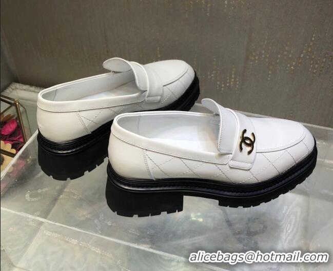 Expensive Chanel Quilted Calfskin Moccasins Loafers G45074 White 809085