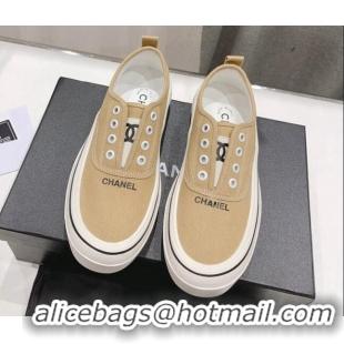 Durable Chanel Canvas Slip-on Sneakers Beige 809093