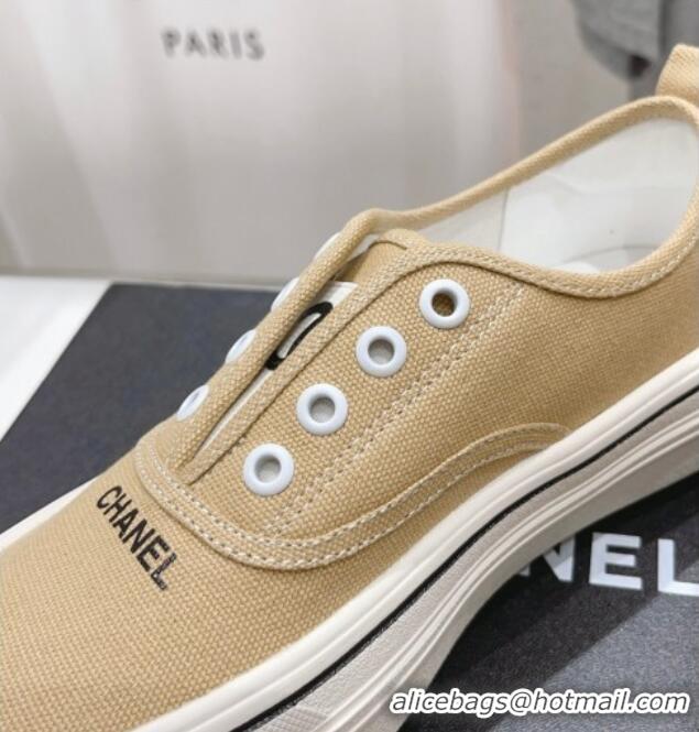 Durable Chanel Canvas Slip-on Sneakers Beige 809093