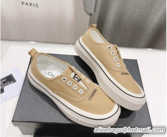 Durable Chanel Canvas Slip-on Sneakers Beige 809093