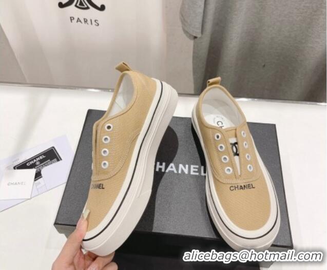 Durable Chanel Canvas Slip-on Sneakers Beige 809093