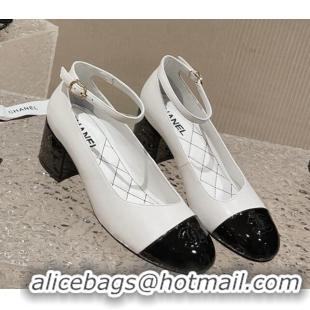 Most Popular Chanel Calfskin & Patent Mary Janes Pumps 5.5cm G45071 White/Black 809095