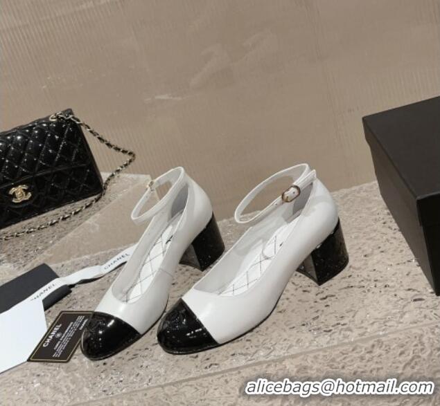 Most Popular Chanel Calfskin & Patent Mary Janes Pumps 5.5cm G45071 White/Black 809095