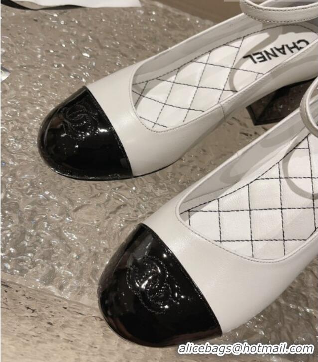 Most Popular Chanel Calfskin & Patent Mary Janes Pumps 5.5cm G45071 White/Black 809095