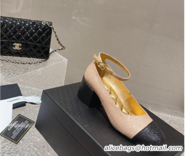 Super Quality Chanel Glitter Mary Janes Pumps 5.5cm G45071 Gold/Black 809097