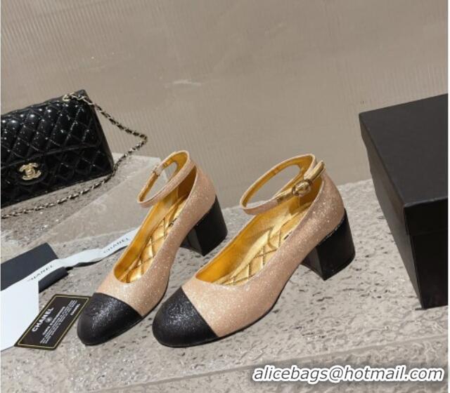 Super Quality Chanel Glitter Mary Janes Pumps 5.5cm G45071 Gold/Black 809097