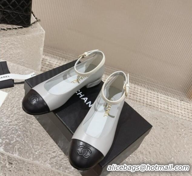 Best Quality Chanel Lambskin Mary Janes with Pearls Buckle Light Grey 809099