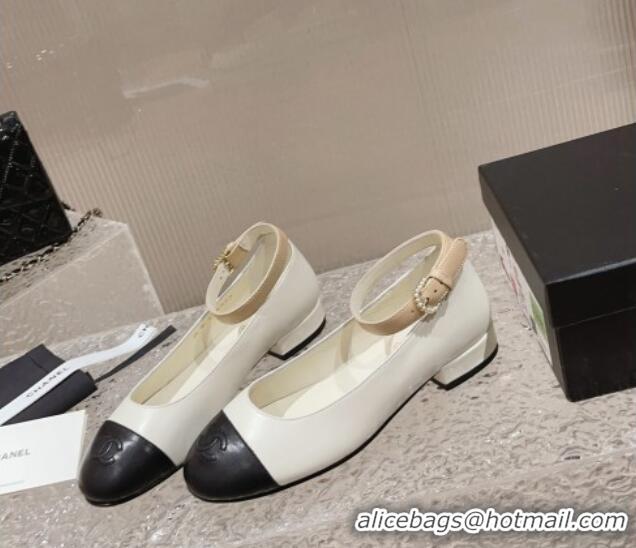 Best Price Chanel Lambskin Mary Janes with Pearls Buckle White 809100