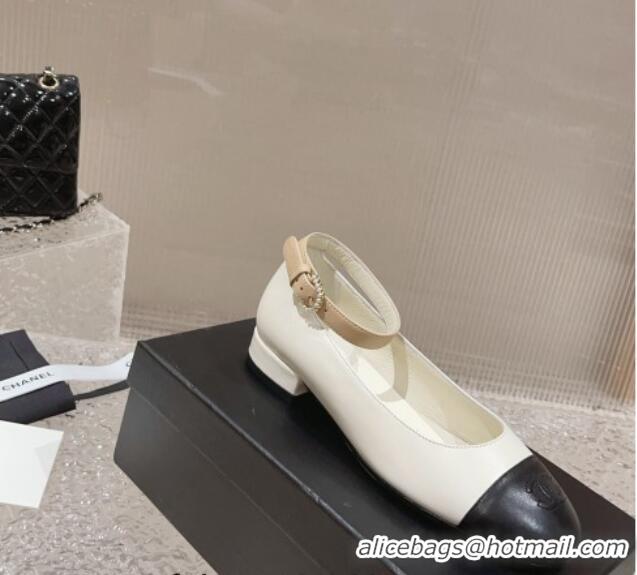 Best Price Chanel Lambskin Mary Janes with Pearls Buckle White 809100