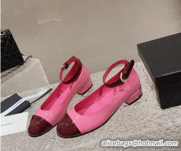 Classic Chanel Patent Calfskin Mary Janes with Pearls Buckle Dark Pink 809102