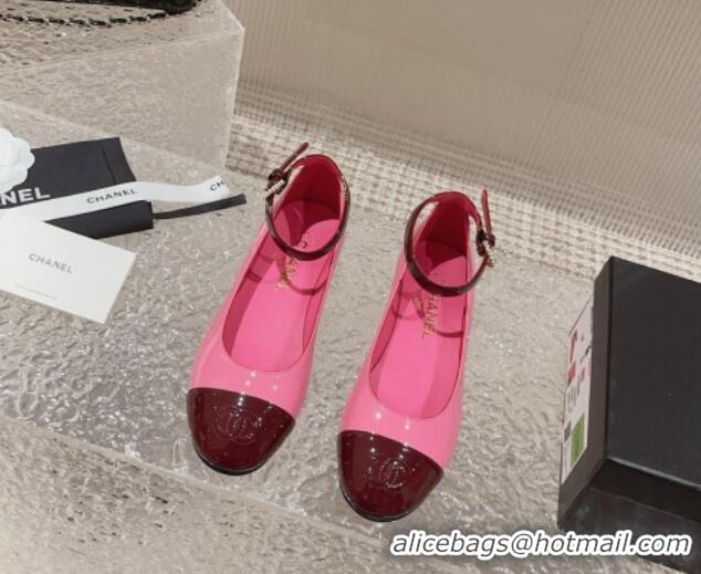 Classic Chanel Patent Calfskin Mary Janes with Pearls Buckle Dark Pink 809102