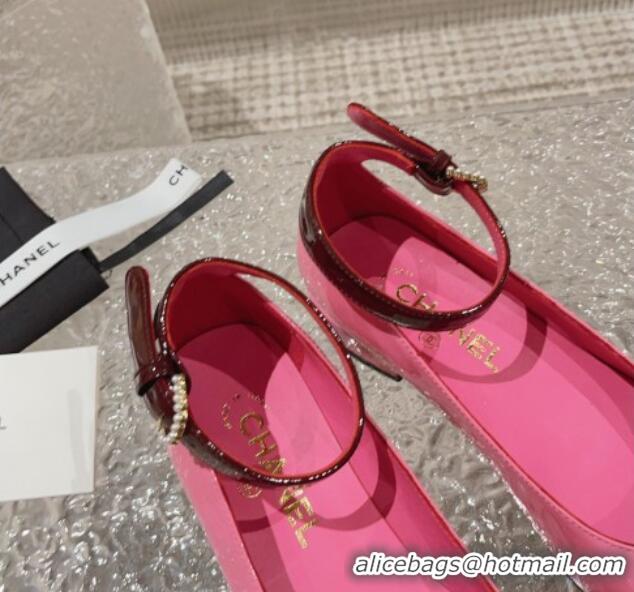 Classic Chanel Patent Calfskin Mary Janes with Pearls Buckle Dark Pink 809102