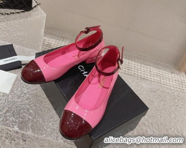 Classic Chanel Patent Calfskin Mary Janes with Pearls Buckle Dark Pink 809102