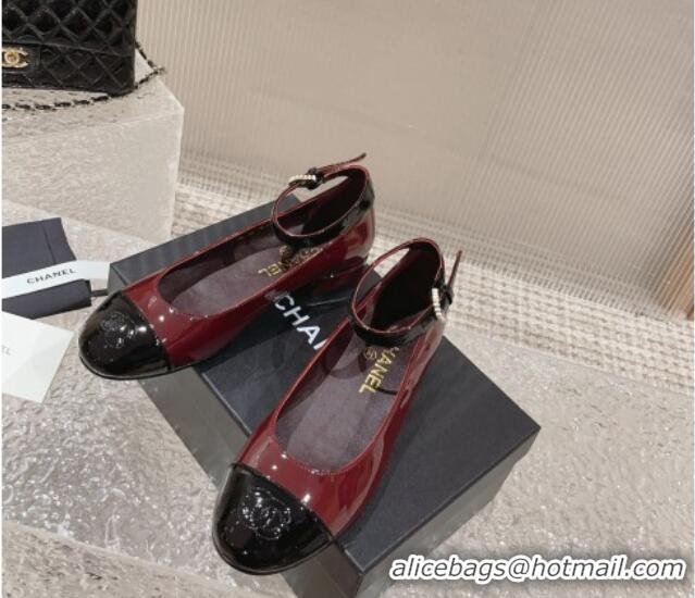 Trendy Design Chanel Patent Calfskin Mary Janes with Pearls Buckle Burgundy 809103