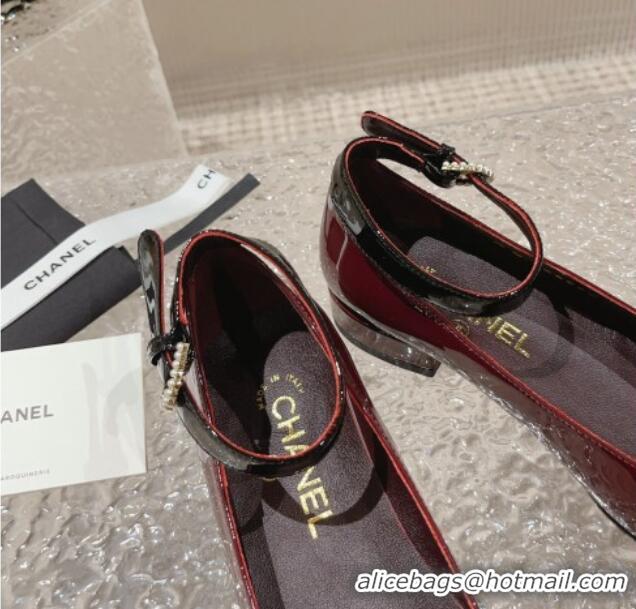 Trendy Design Chanel Patent Calfskin Mary Janes with Pearls Buckle Burgundy 809103