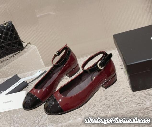 Trendy Design Chanel Patent Calfskin Mary Janes with Pearls Buckle Burgundy 809103