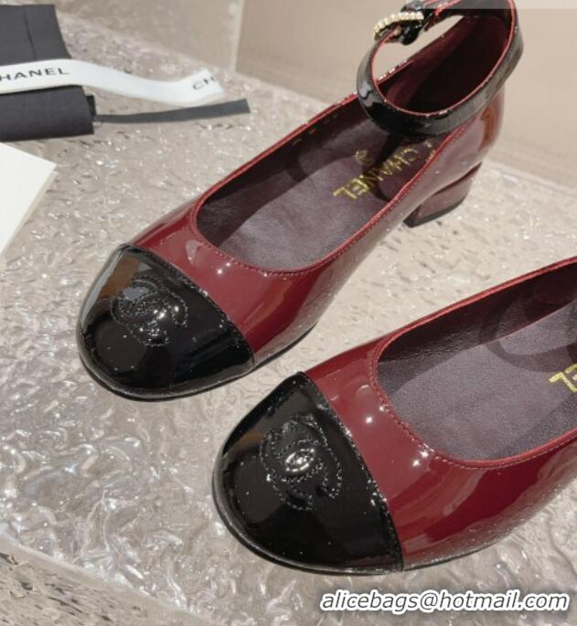 Trendy Design Chanel Patent Calfskin Mary Janes with Pearls Buckle Burgundy 809103