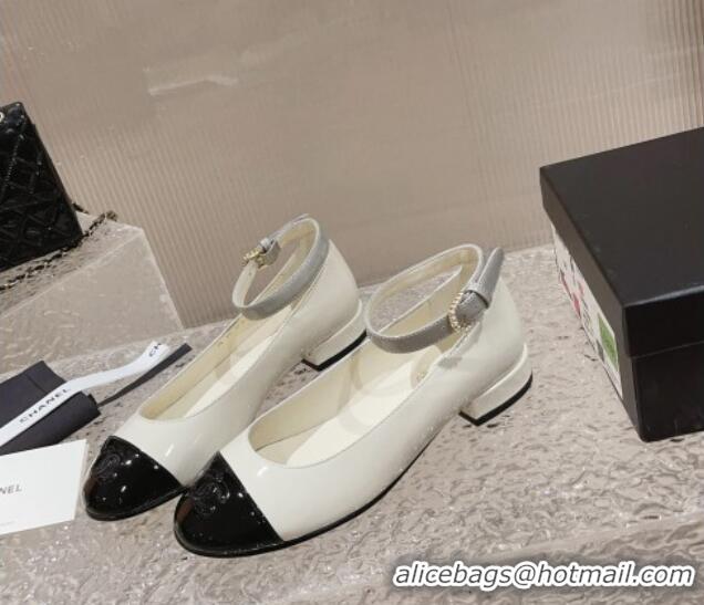 Buy Luxury Chanel Patent Calfskin Mary Janes with Pearls Buckle White 809104