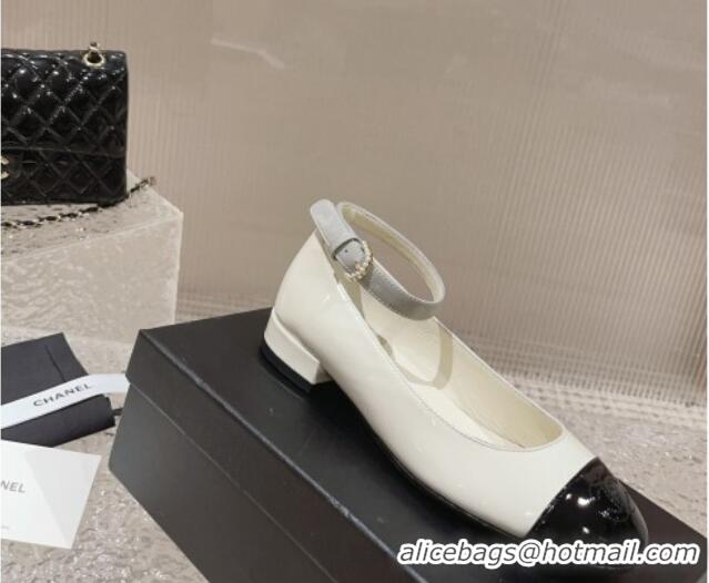 Buy Luxury Chanel Patent Calfskin Mary Janes with Pearls Buckle White 809104