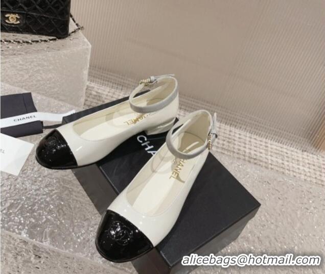 Buy Luxury Chanel Patent Calfskin Mary Janes with Pearls Buckle White 809104