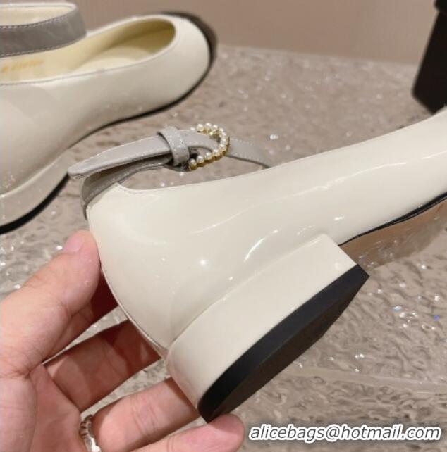 Buy Luxury Chanel Patent Calfskin Mary Janes with Pearls Buckle White 809104