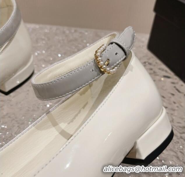 Buy Luxury Chanel Patent Calfskin Mary Janes with Pearls Buckle White 809104