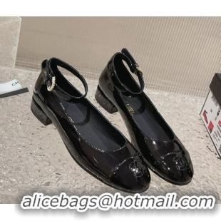 Good Quality Chanel Patent Calfskin Mary Janes with Pearls Buckle Black 809106