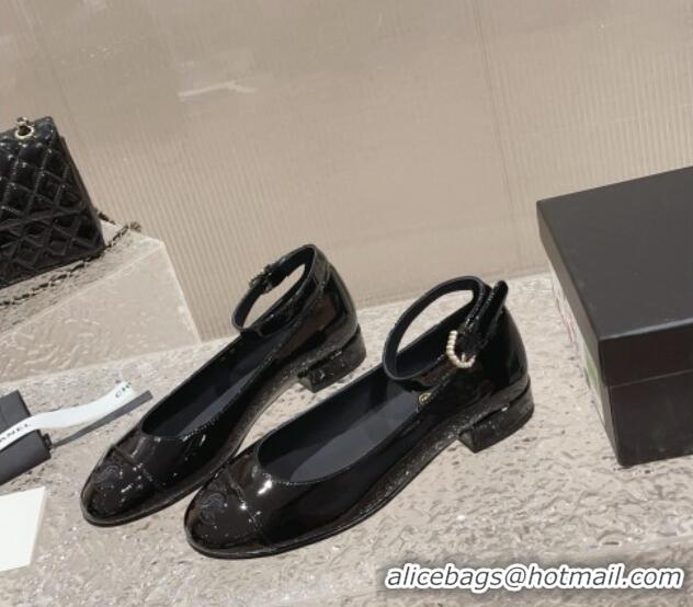 Good Quality Chanel Patent Calfskin Mary Janes with Pearls Buckle Black 809106