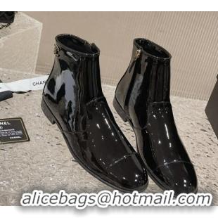 Top Quality Chanel Patent Calfskin Flat Ankle Boots with Chain CC Black 809107