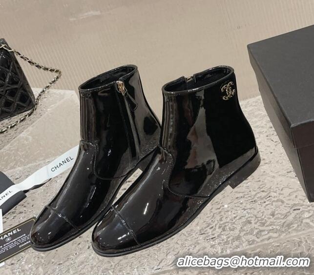 Top Quality Chanel Patent Calfskin Flat Ankle Boots with Chain CC Black 809107