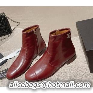 Elegant Chanel Shiny Calfskin Flat Ankle Boots with Chain CC Burgundy 809108