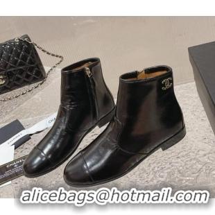 Big Discount Chanel Shiny Calfskin Flat Ankle Boots with Chain CC Black 809109