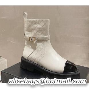 Youthful Chanel Quilted Lambskin and Patent Calfskin Ankle Boots with Buckle White 809110