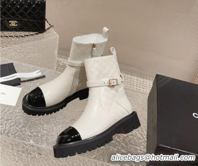 Youthful Chanel Quilted Lambskin and Patent Calfskin Ankle Boots with Buckle White 809110