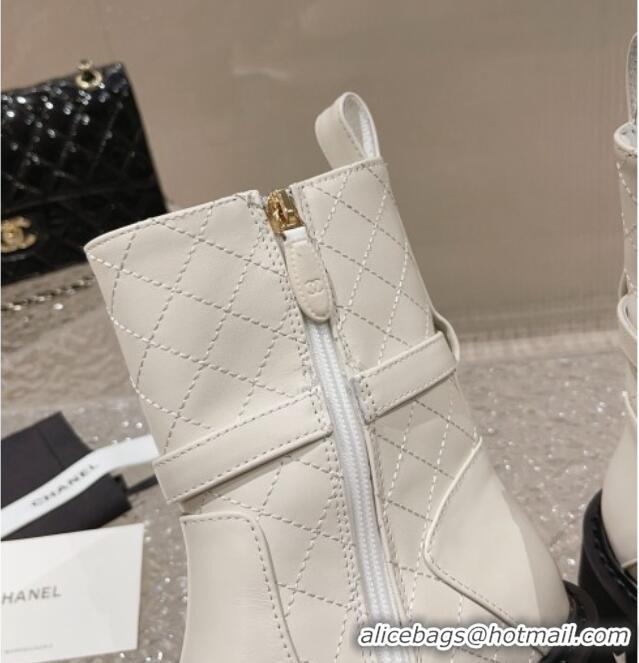 Youthful Chanel Quilted Lambskin and Patent Calfskin Ankle Boots with Buckle White 809110