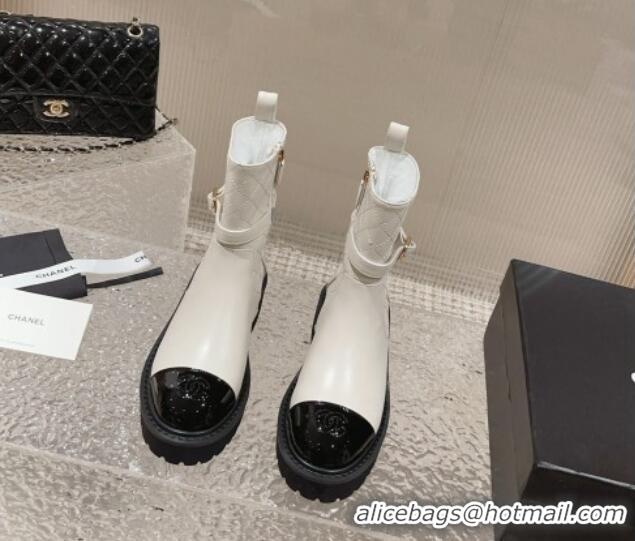 Youthful Chanel Quilted Lambskin and Patent Calfskin Ankle Boots with Buckle White 809110