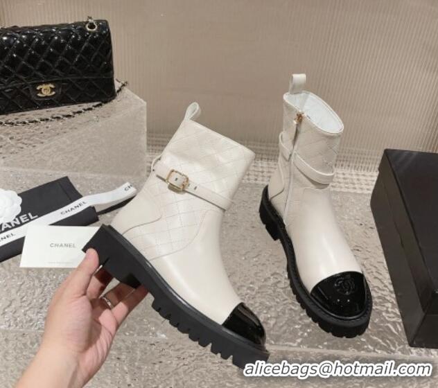 Youthful Chanel Quilted Lambskin and Patent Calfskin Ankle Boots with Buckle White 809110