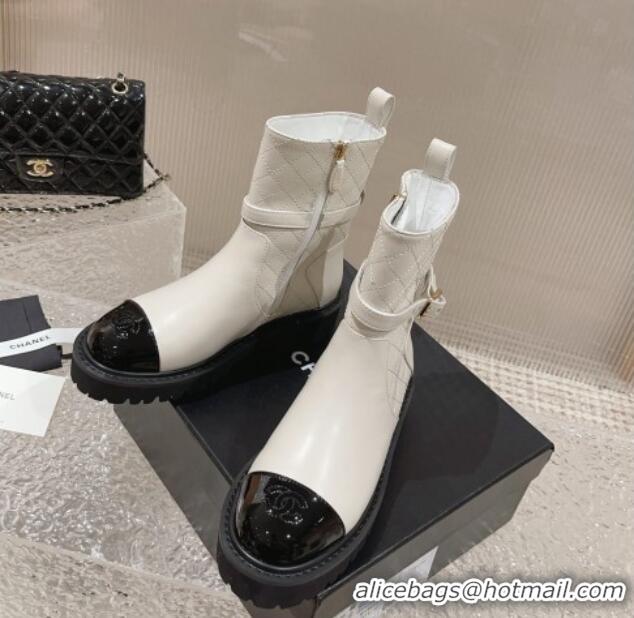 Youthful Chanel Quilted Lambskin and Patent Calfskin Ankle Boots with Buckle White 809110