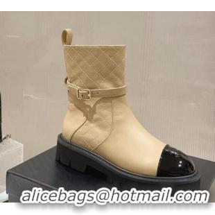 Cute Chanel Quilted Lambskin and Patent Calfskin Ankle Boots with Buckle Beige 809111