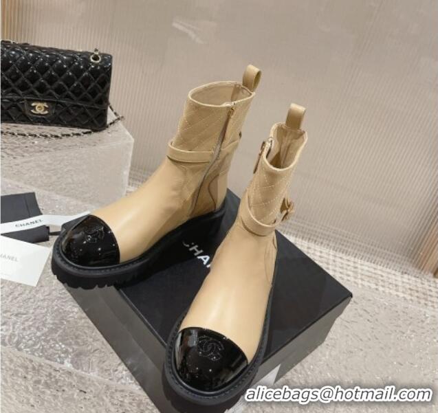 Cute Chanel Quilted Lambskin and Patent Calfskin Ankle Boots with Buckle Beige 809111