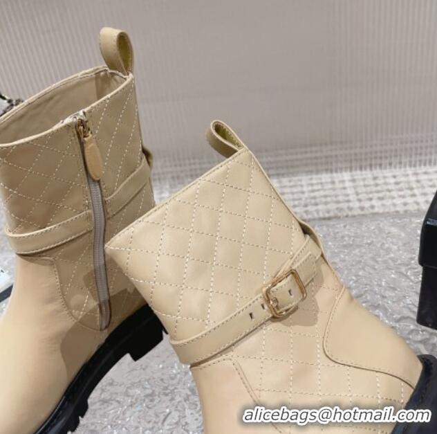 Cute Chanel Quilted Lambskin and Patent Calfskin Ankle Boots with Buckle Beige 809111