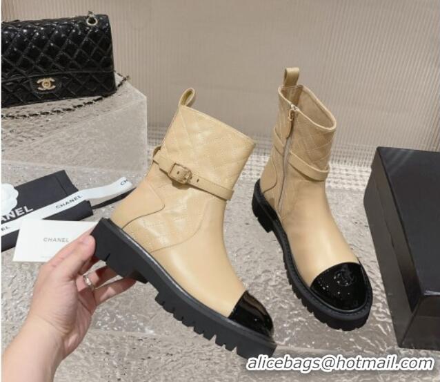 Cute Chanel Quilted Lambskin and Patent Calfskin Ankle Boots with Buckle Beige 809111