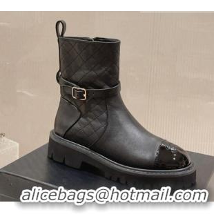 Best Luxury Chanel Quilted Lambskin and Patent Calfskin Ankle Boots with Buckle Black 809112