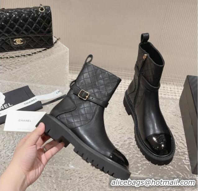 Best Luxury Chanel Quilted Lambskin and Patent Calfskin Ankle Boots with Buckle Black 809112